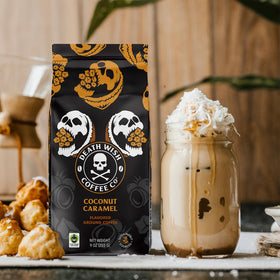 Death Wish Coffee coconut caramel ground coffee beans close-up highlighting dark roast texture