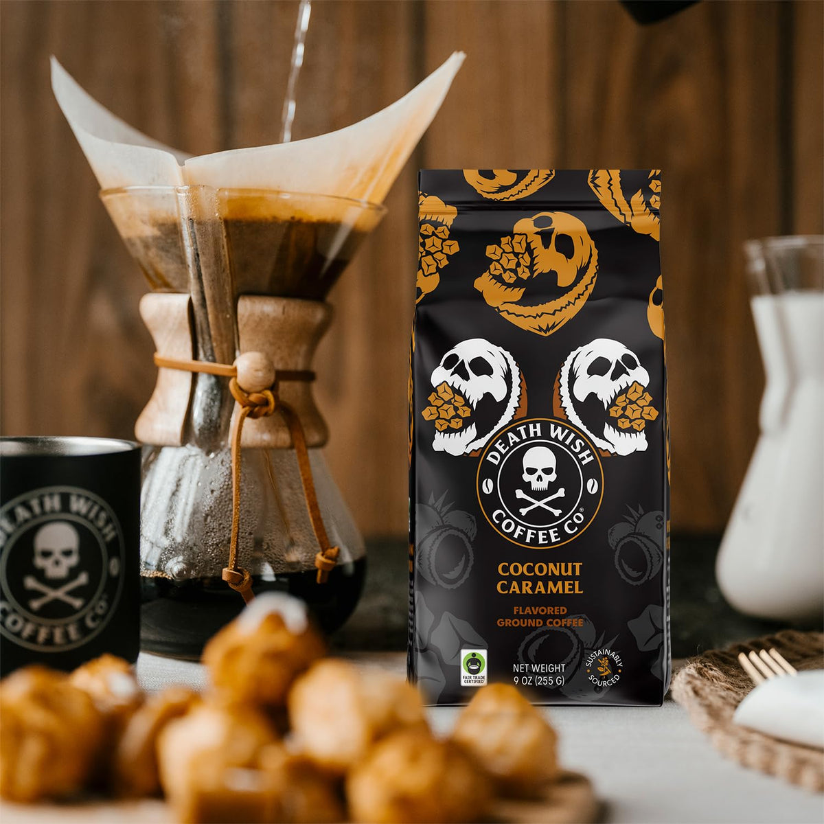 Death Wish Coffee coconut caramel ground coffee cup with steam signaling a bold start