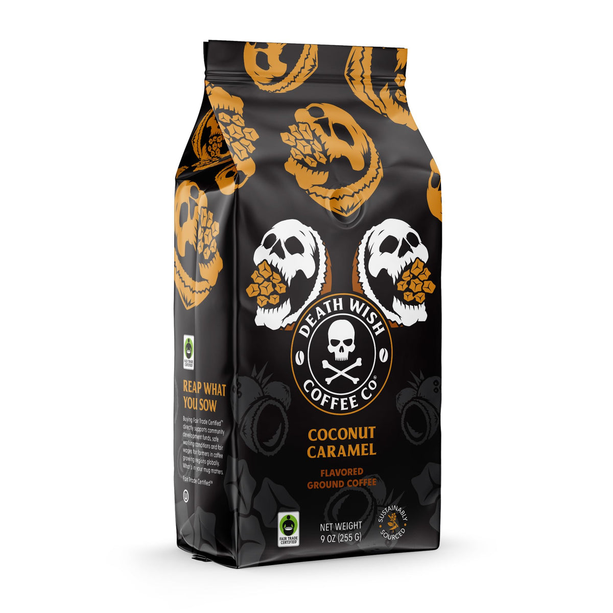 Death Wish Coffee coconut caramel ground coffee label close-up highlighting fair trade and quality