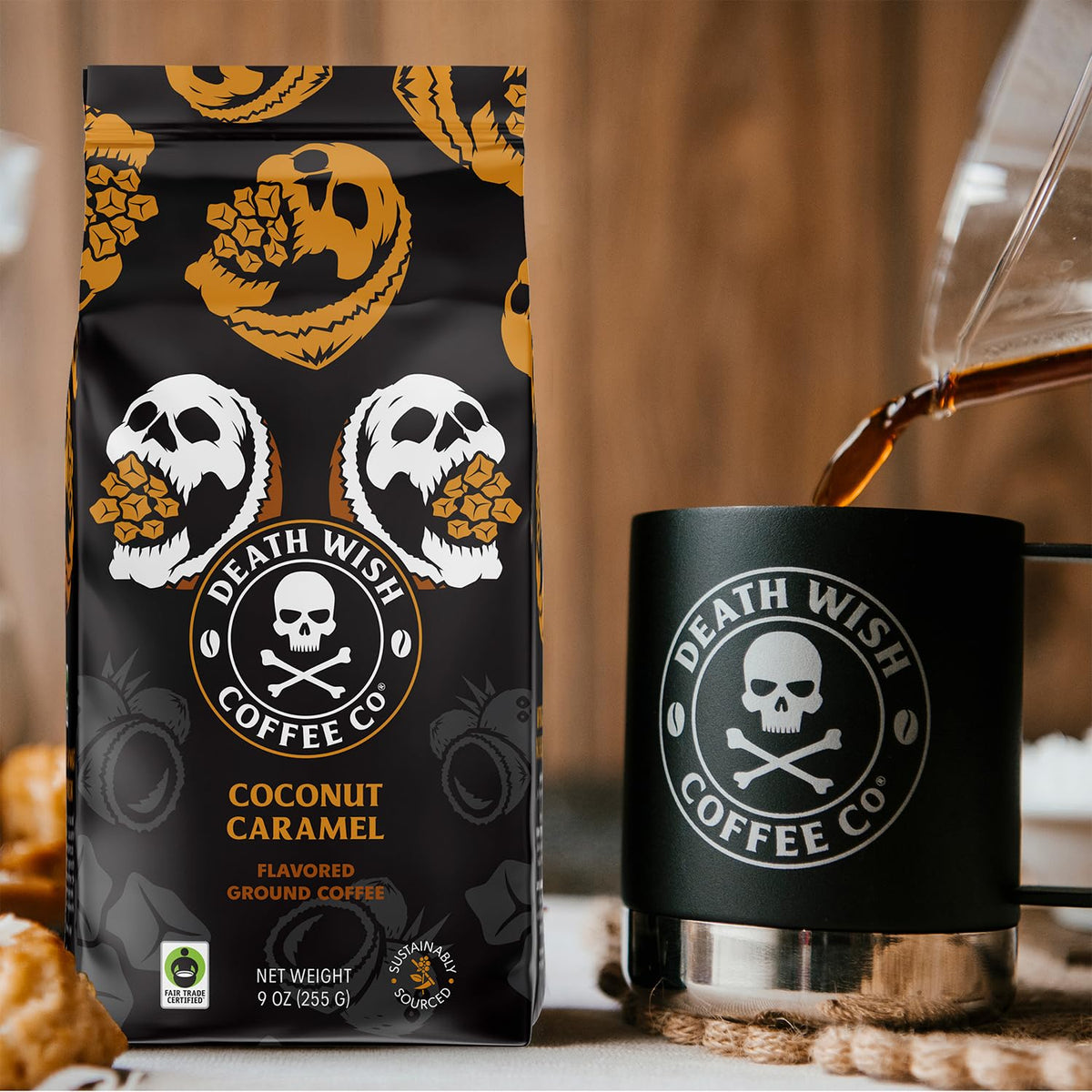 Death Wish Coffee coconut caramel ground coffee being brewed showing rich caramel and coconut notes