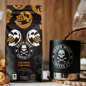 Death Wish Coffee coconut caramel ground coffee being brewed showing rich caramel and coconut notes