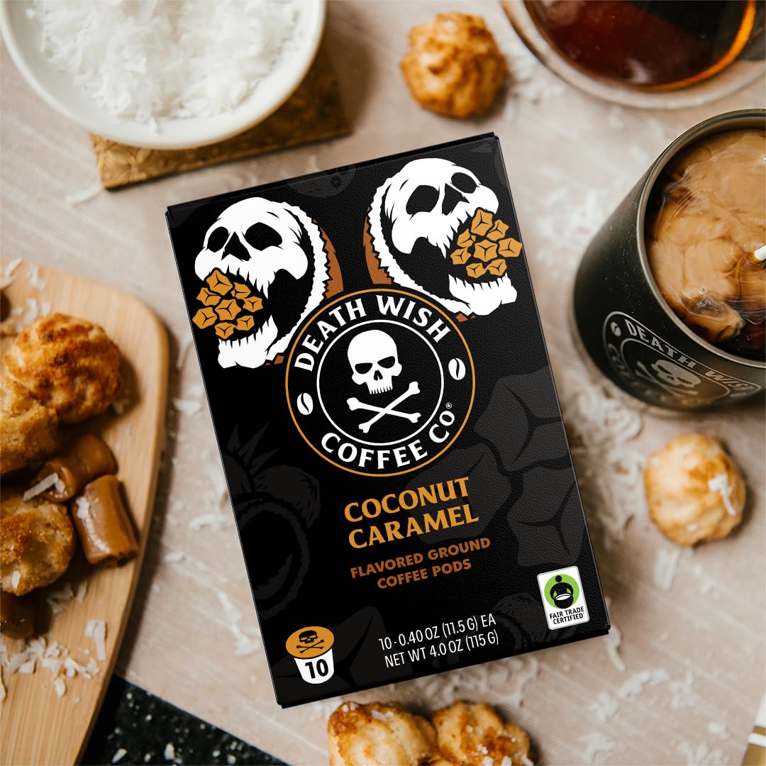 Death Wish Coffee Coconut Caramel pods brewing in brewer deliver bold energy.