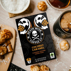 Death Wish Coffee Coconut Caramel pods brewing in brewer deliver bold energy.