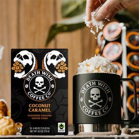 A steaming cup from Death Wish Coconut Caramel pods reveals rich aroma.