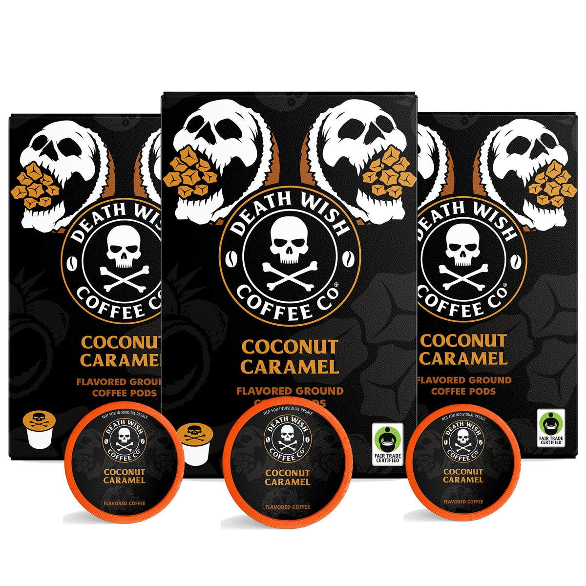 Death Wish Coffee Coconut Caramel pods packaging shows bold flavor promise.
