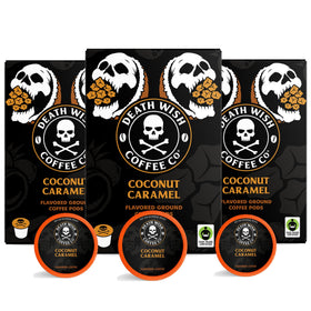 Death Wish Coffee Coconut Caramel pods packaging shows bold flavor promise.