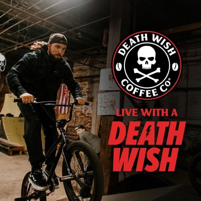 Death Wish Coffee cup with steam conveys a warm, spicy-sweet ritual