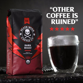 Death Wish Coffee dark roast ground bag side view for durability