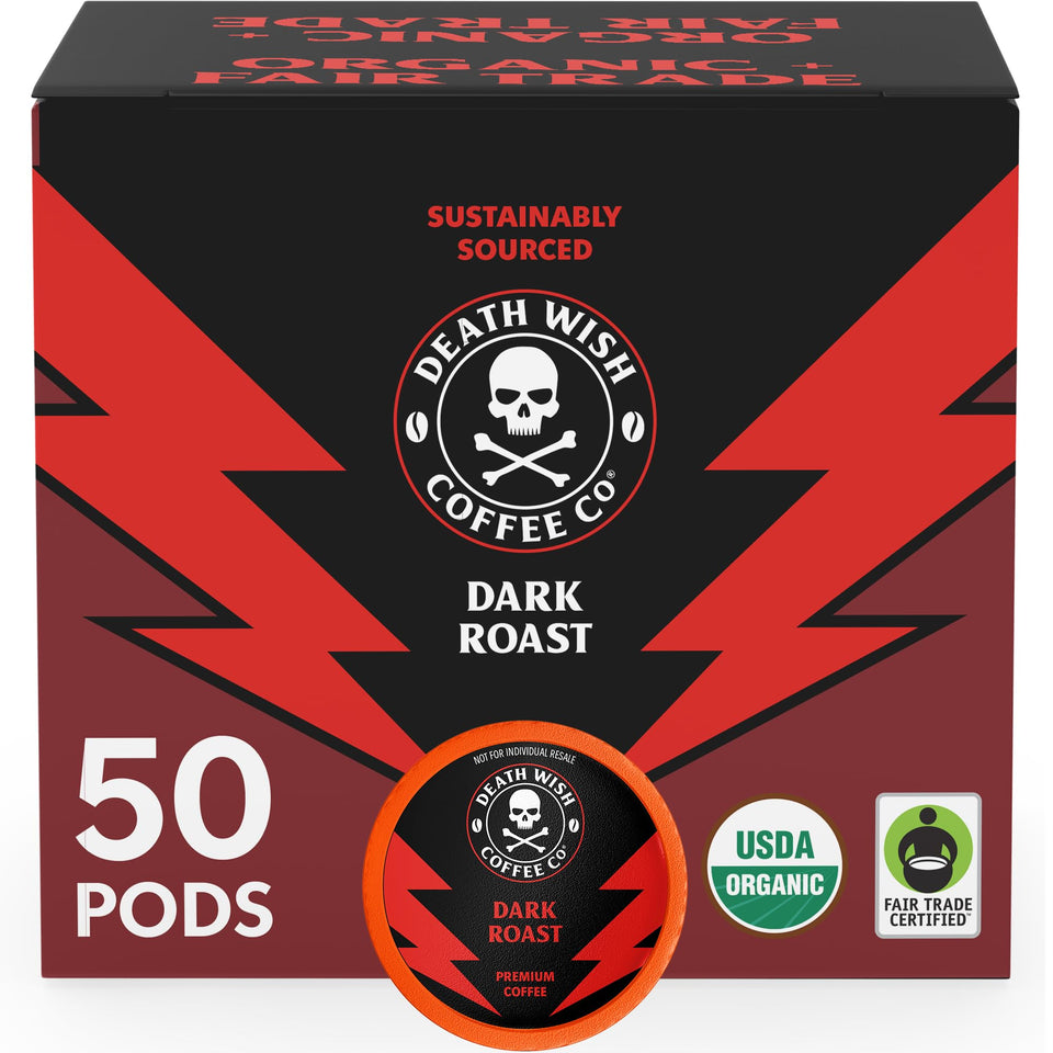 Death Wish Coffee dark roast pods box front, ready for bold mornings.