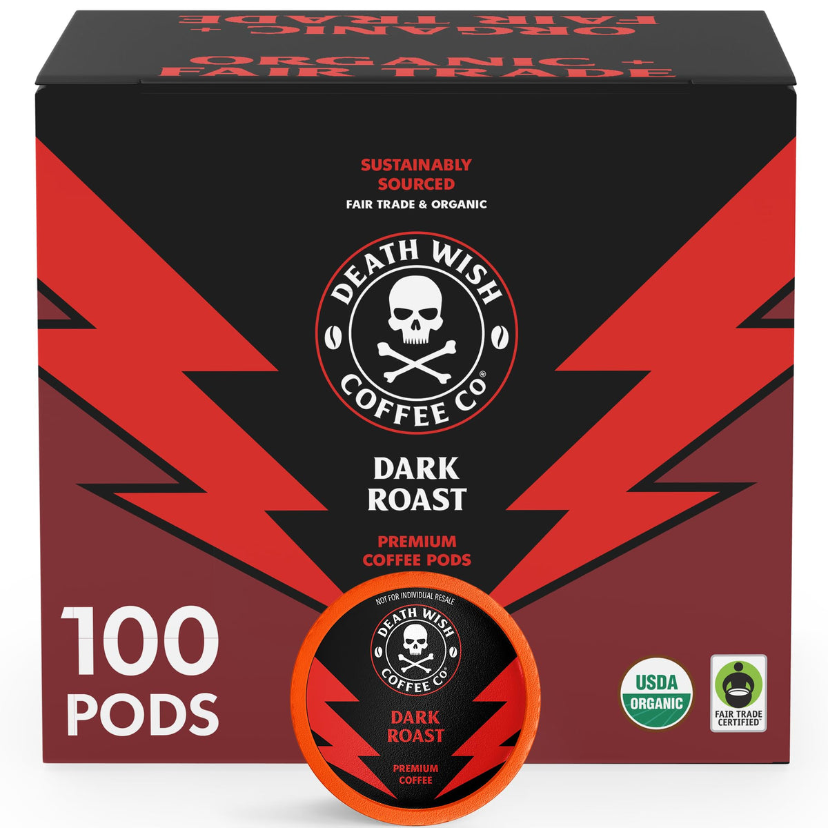 Death Wish Coffee dark roast pods packaging shows bold branding and organic fair trade credentials