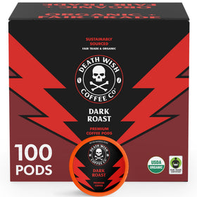 Death Wish Coffee dark roast pods packaging shows bold branding and organic fair trade credentials
