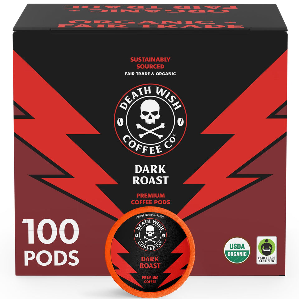 Death Wish Coffee dark roast pods packaging shows bold branding and organic fair trade credentials