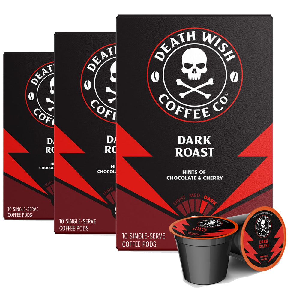 Death Wish Coffee dark roast pods packshot for bold convenience.