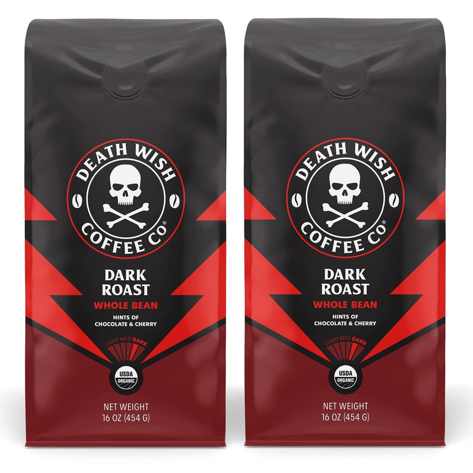 Death Wish Coffee dark roast two-pack box on display for bold mornings