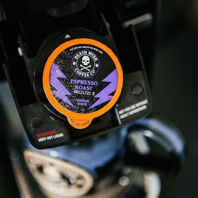 Death Wish packaging label emphasizes organic and fair trade credentials.