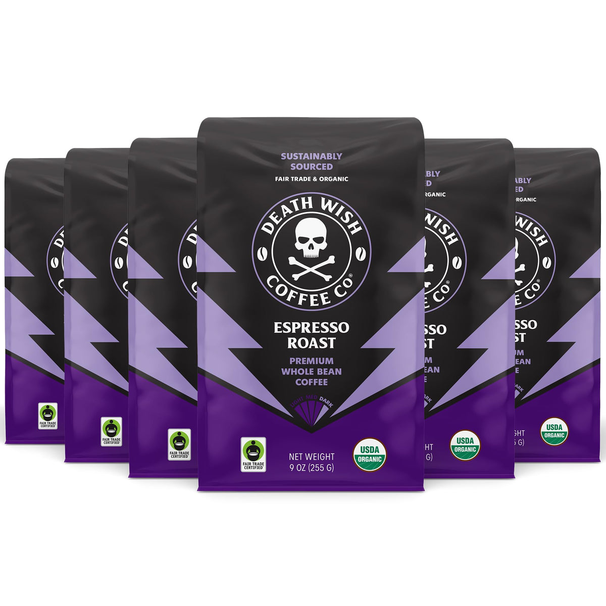 Death Wish Coffee Espresso Roast beans in a 9oz bag ready for bold brewing.