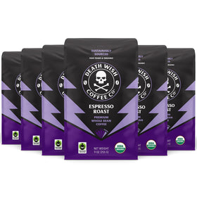 Death Wish Coffee Espresso Roast beans in a 9oz bag ready for bold brewing.