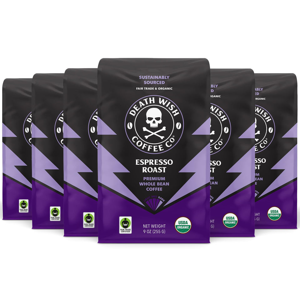 Death Wish Coffee Espresso Roast beans in a 9oz bag ready for bold brewing.