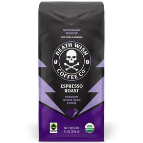 Death Wish Coffee Espresso Roast beans close-up, showcasing bold flavor.