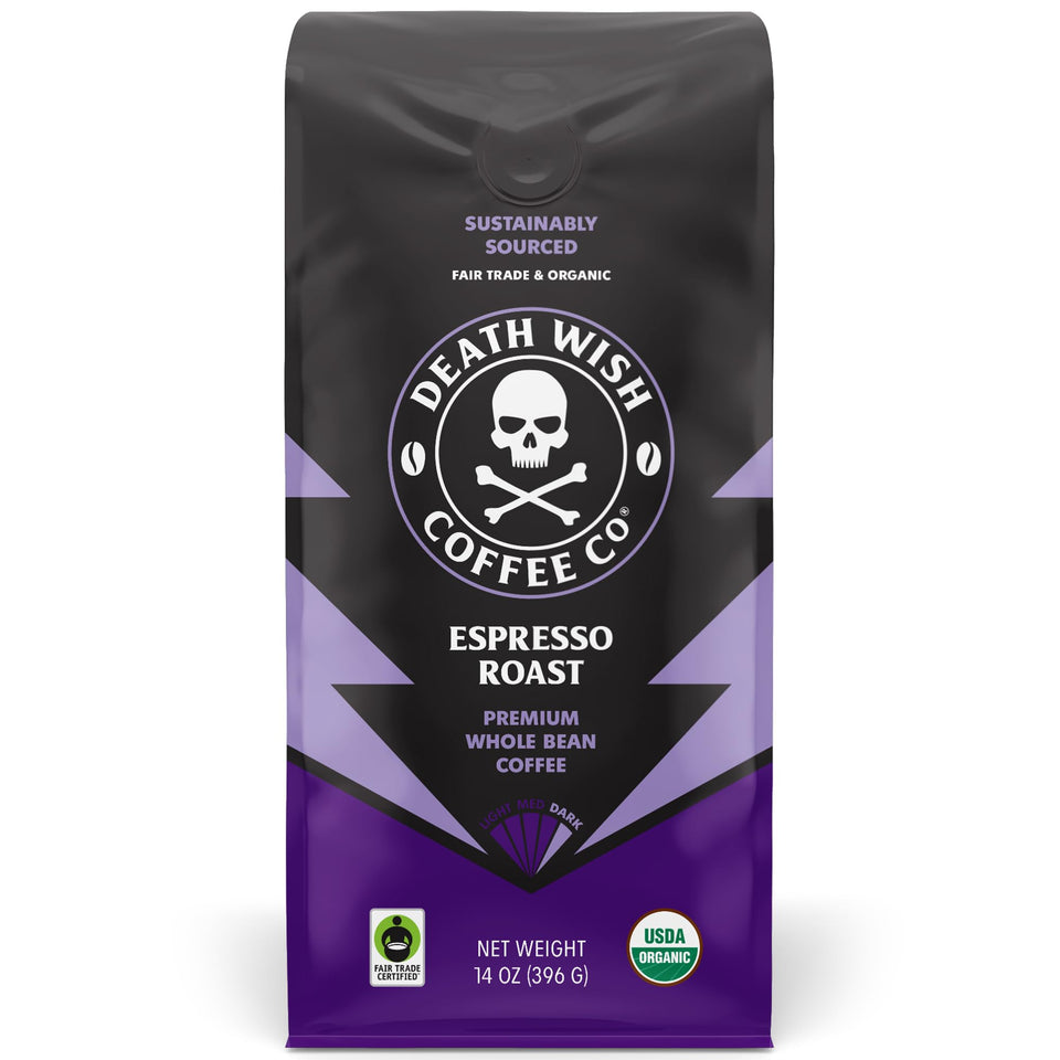 Death Wish Coffee Espresso Roast beans close-up, showcasing bold flavor.