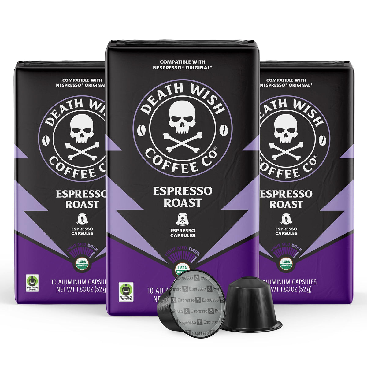 Death Wish Coffee Espresso Roast capsules pack ready for Nespresso Original machines