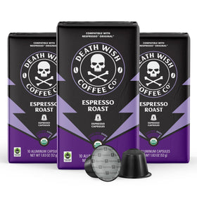 Death Wish Coffee Espresso Roast capsules pack ready for Nespresso Original machines