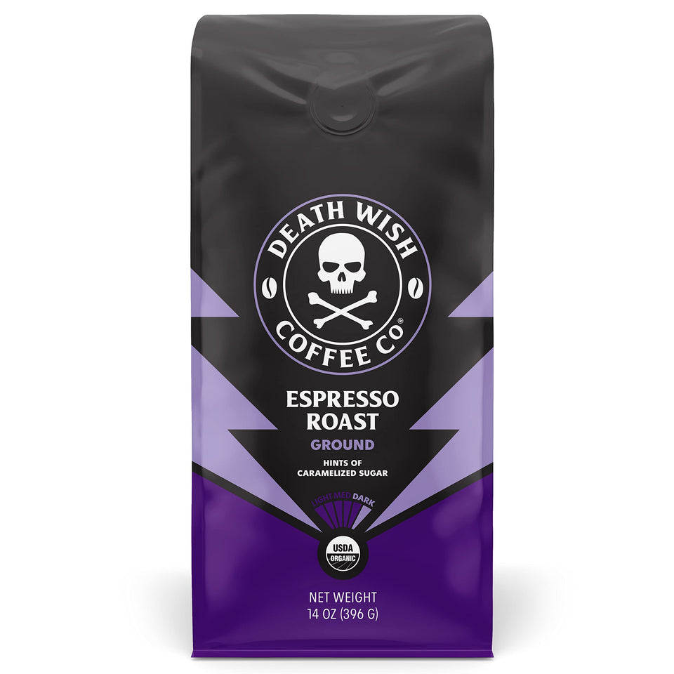 Death Wish Coffee espresso roast ground 14oz bag for bold brews.