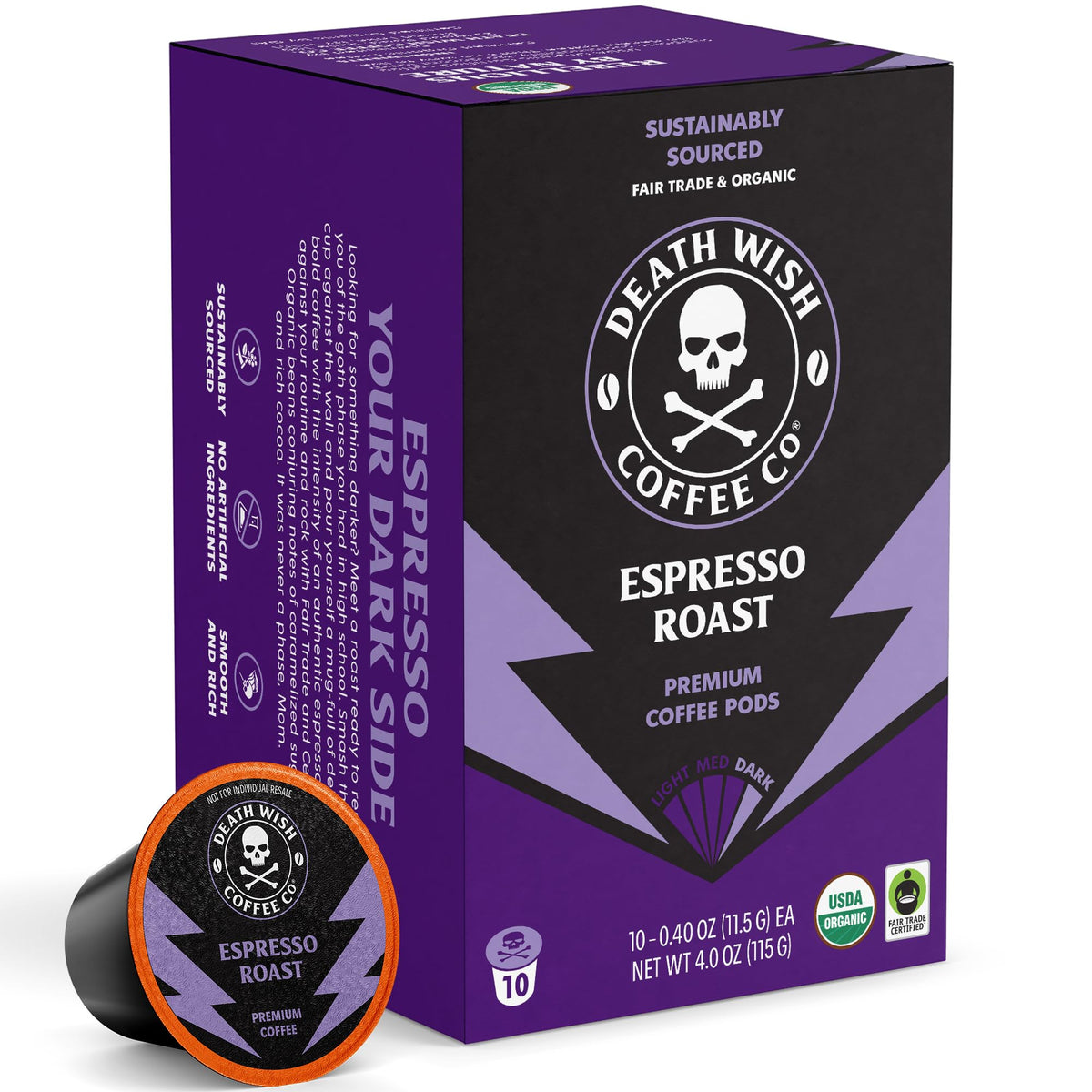 Death Wish Coffee Espresso Roast pods for a bold, smooth morning pick-me-up.
