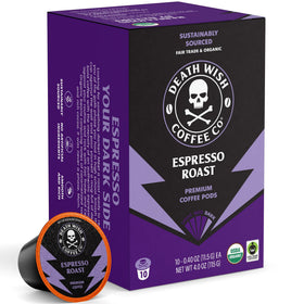 Death Wish Coffee Espresso Roast pods for a bold, smooth morning pick-me-up.