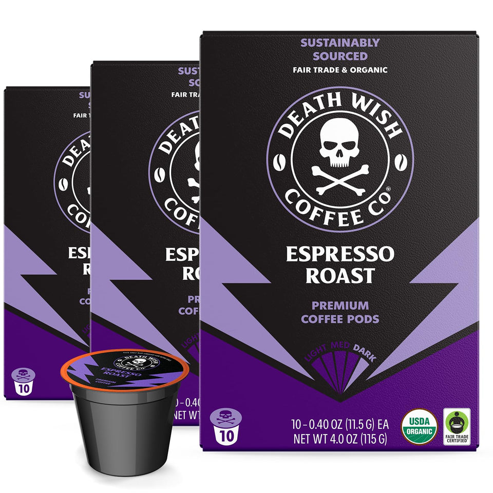 Death Wish Coffee Espresso Roast pods in a box for bold mornings.