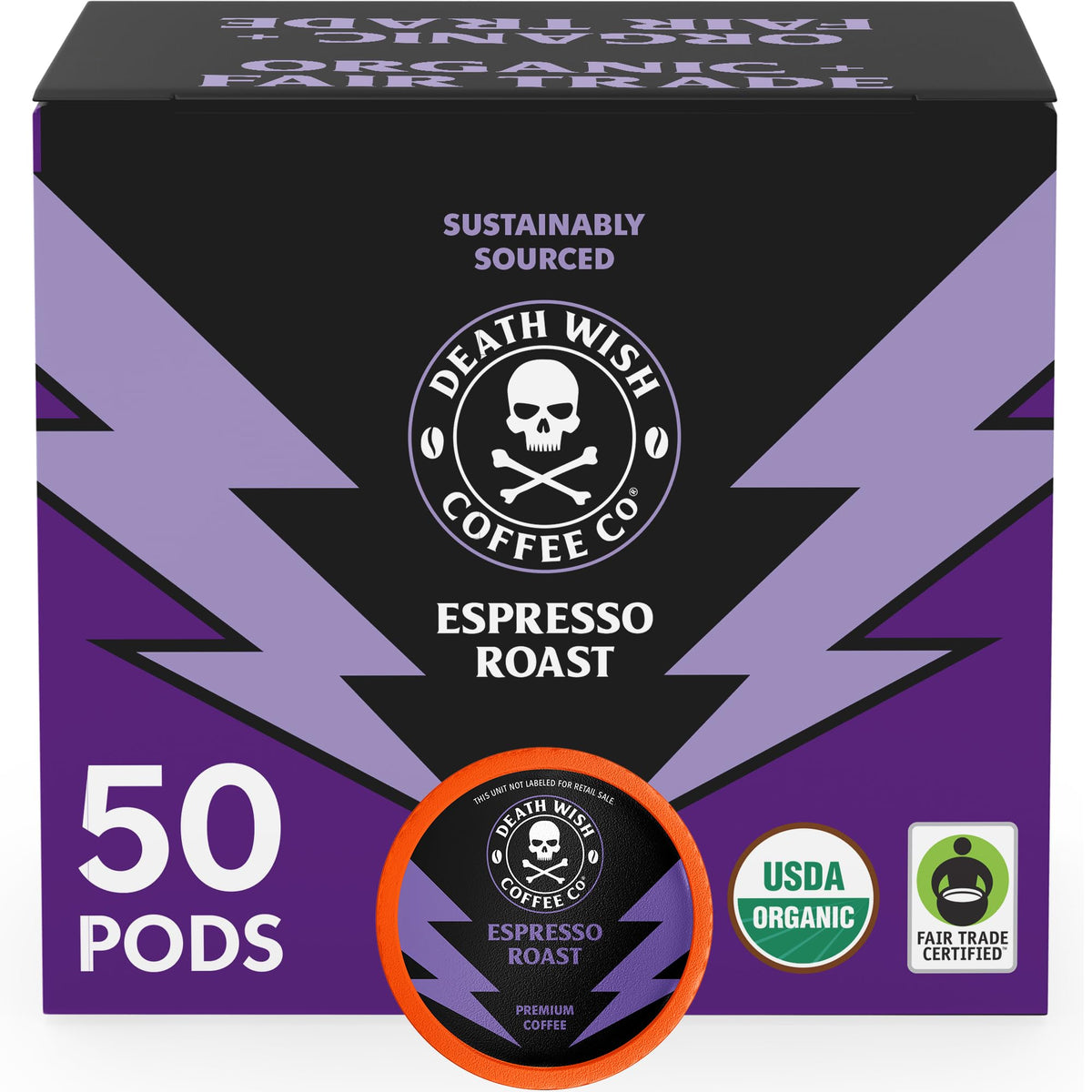 Death Wish Espresso Roast pods pack highlights bold flavor and organic fair trade beans.