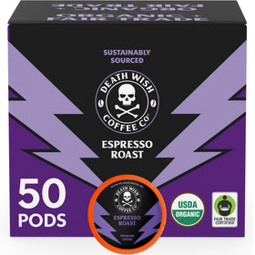 Death Wish Espresso Roast pods pack highlights bold flavor and organic fair trade beans.