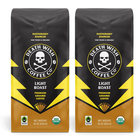 Death Wish Ground Light Roast packaging highlights organic and fair trade beans for a bright cup