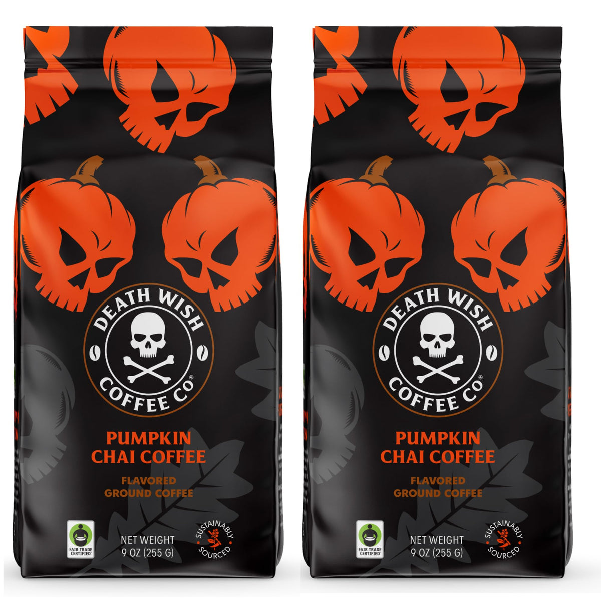 Death Wish Coffee ground pumpkin spice with steaming mug for bold autumn mornings