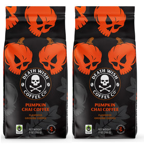 Death Wish Coffee ground pumpkin spice with steaming mug for bold autumn mornings