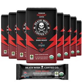 Death Wish Coffee instant dark roast 64-pack box, perfect for quick energizing mornings.