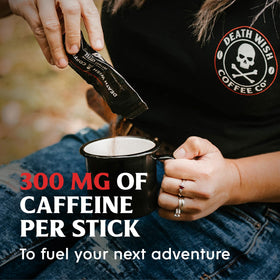 Death Wish Coffee instant packets closeup, showcasing ready-to-stir convenience for busy days.
