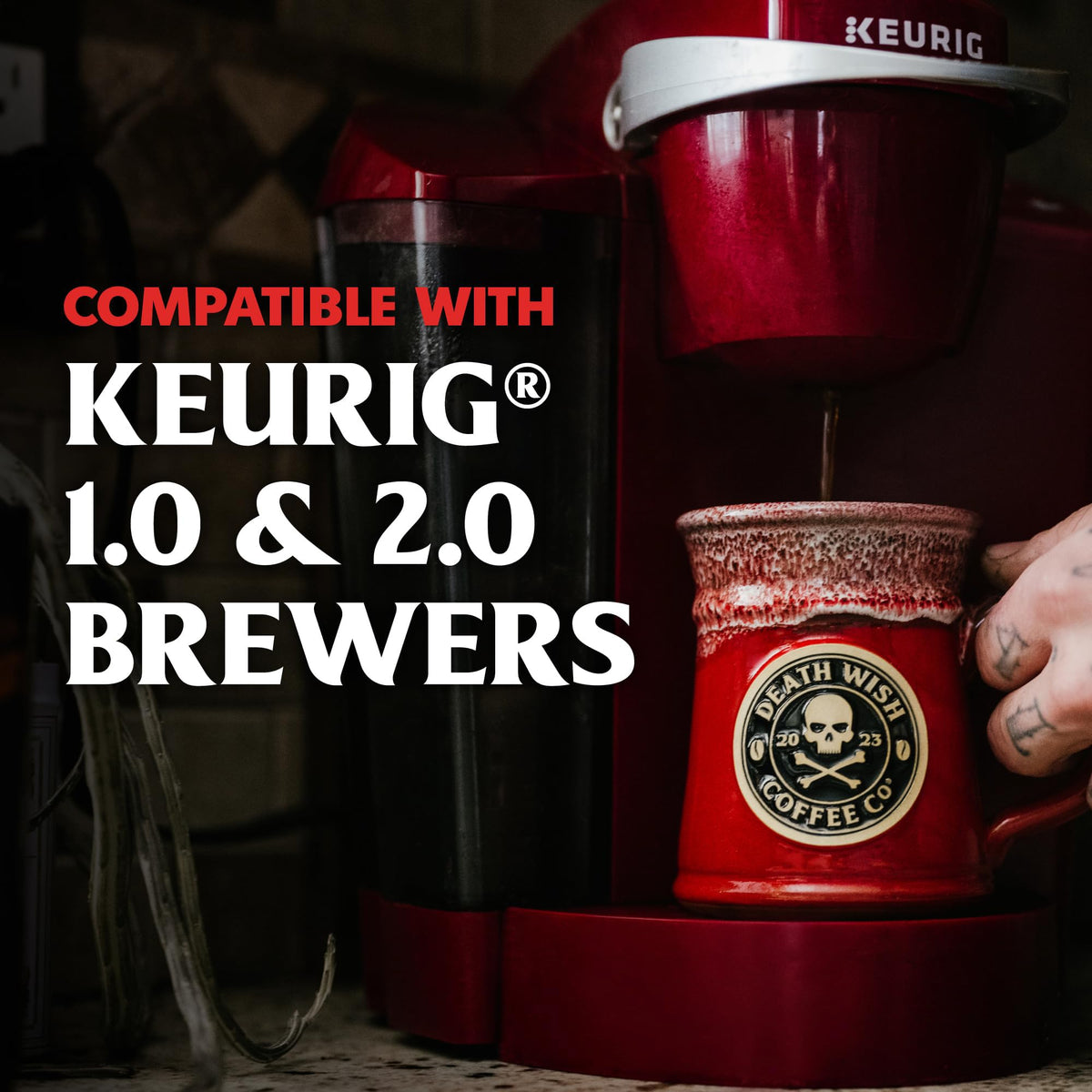 Death Wish Coffee Keurig-compatible pods in a tidy startup setup.