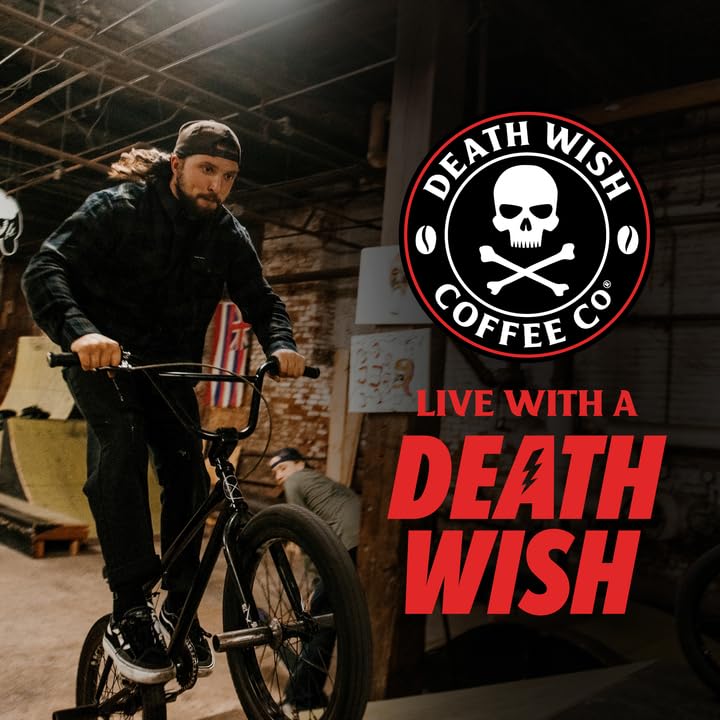 Closeup of Death Wish Coffee label displaying organic and fair trade certifications.