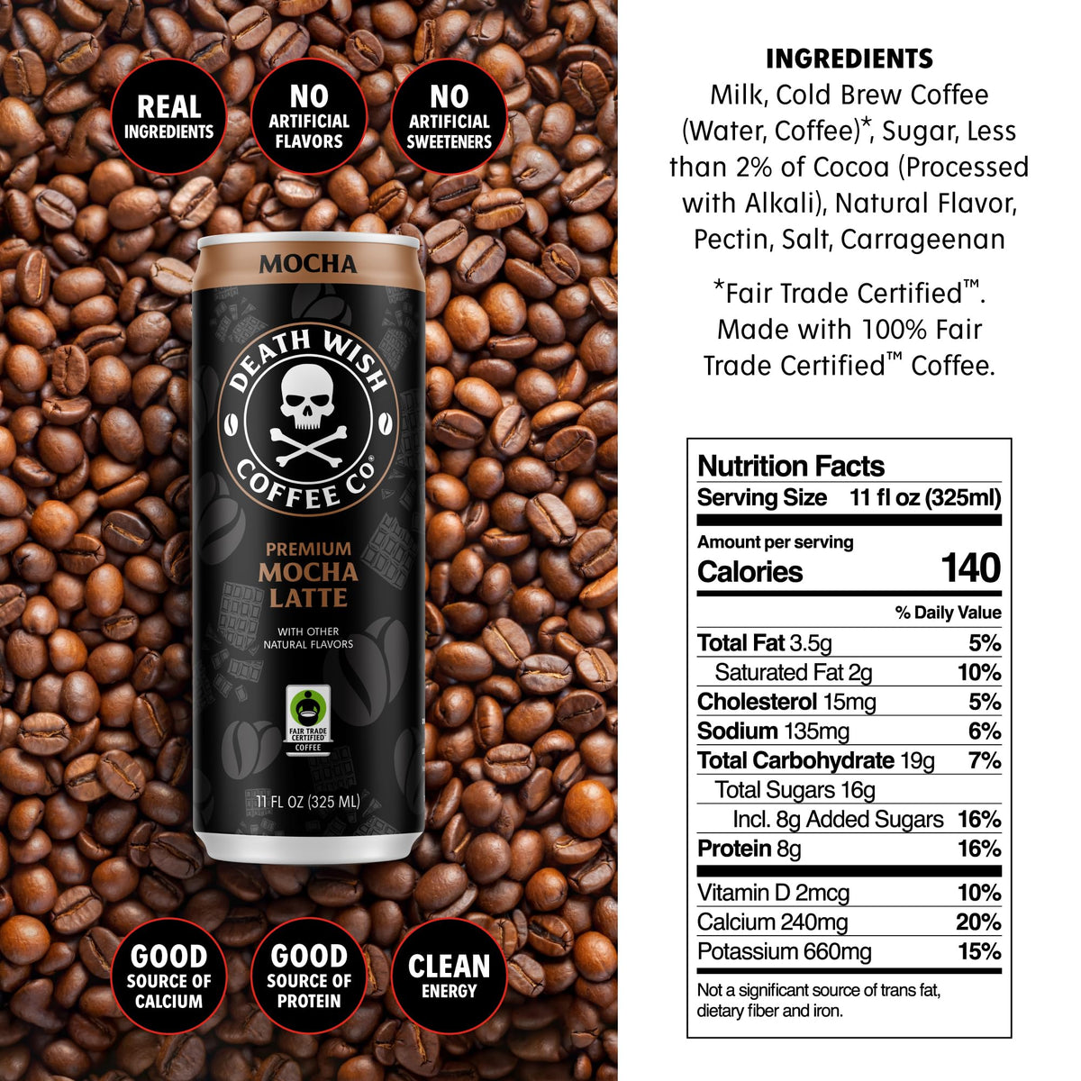 Death Wish Coffee label closeup highlighting premium branding and fair trade beans.