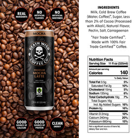 Death Wish Coffee label closeup highlighting premium branding and fair trade beans.