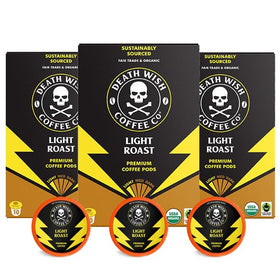 Death Wish Coffee light roast pods 30 count front packaging highlights bold daily brew.