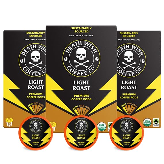 Death Wish Coffee light roast pods 30 count front packaging highlights bold daily brew.