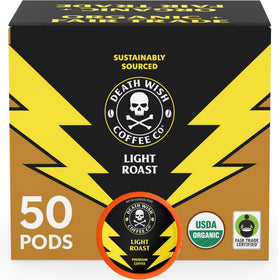 Death Wish Coffee light roast pods packaging ready for daily bold brews