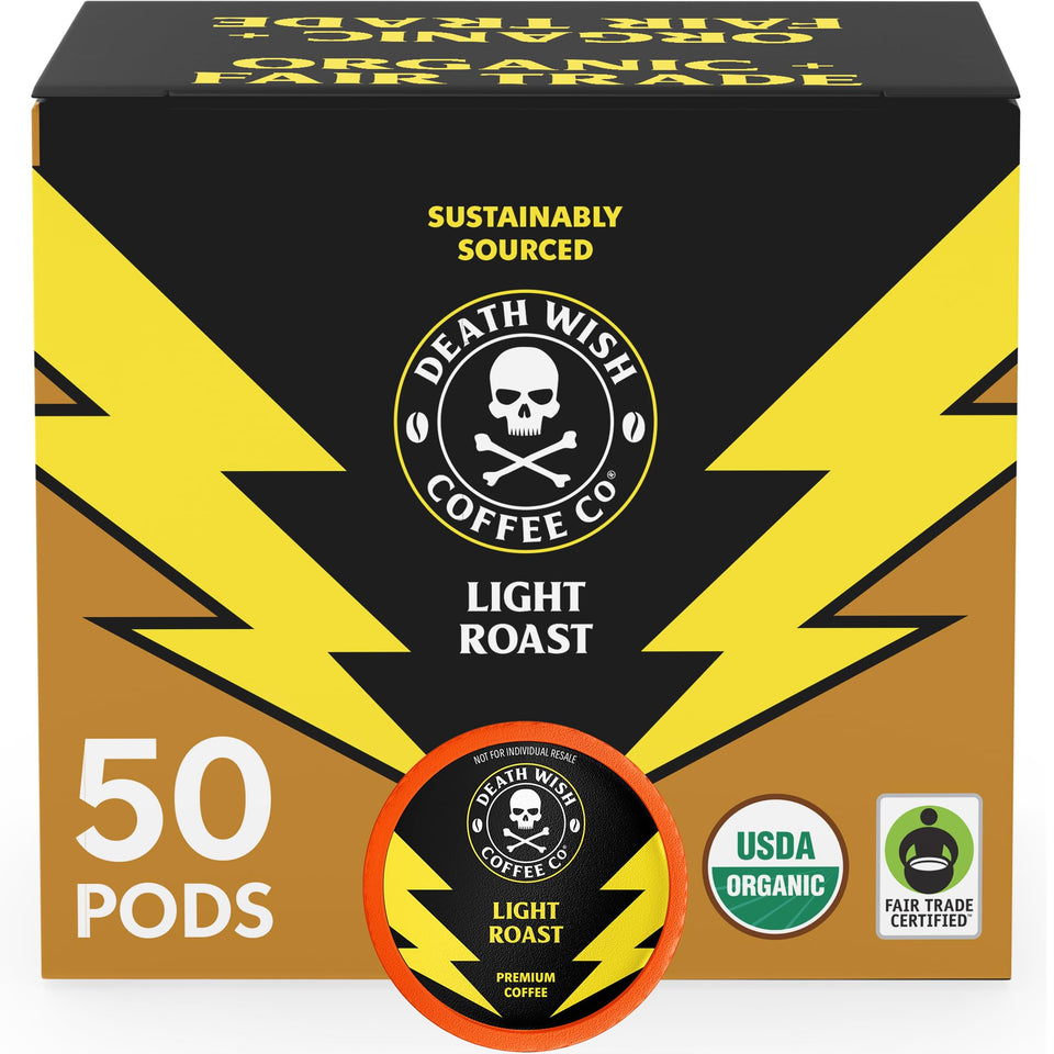 Death Wish Coffee light roast pods packaging ready for daily bold brews