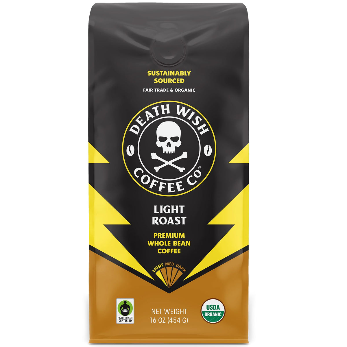 Death Wish Coffee light roast whole bean 16 oz bag with bold aroma for mornings.