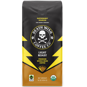 Death Wish Coffee light roast whole bean 16 oz bag with bold aroma for mornings.