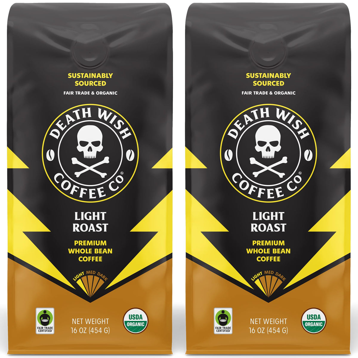 Death Wish Coffee light roast whole bean 16oz, bold aroma for a robust morning grind.
