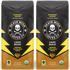Death Wish Coffee light roast whole bean 16oz, bold aroma for a robust morning grind.