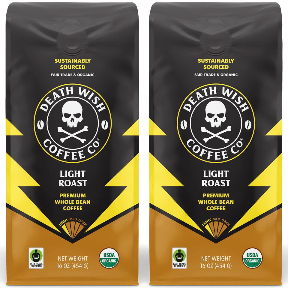 Death Wish Coffee light roast whole bean 16oz, bold aroma for a robust morning grind.